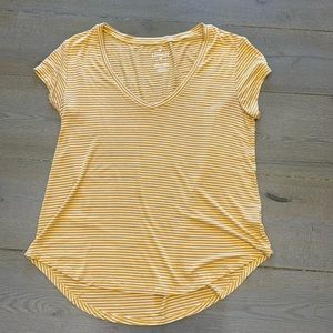 Yellow and white striped American Eagle v neck tshirt, size small